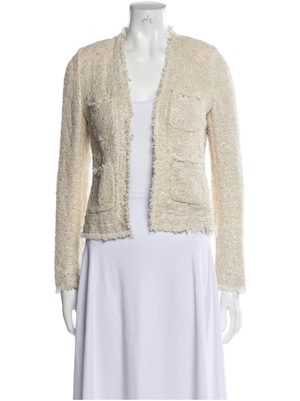 L'AGENCE Cream Bouclé Open-Front Jacket with Fringe Trim